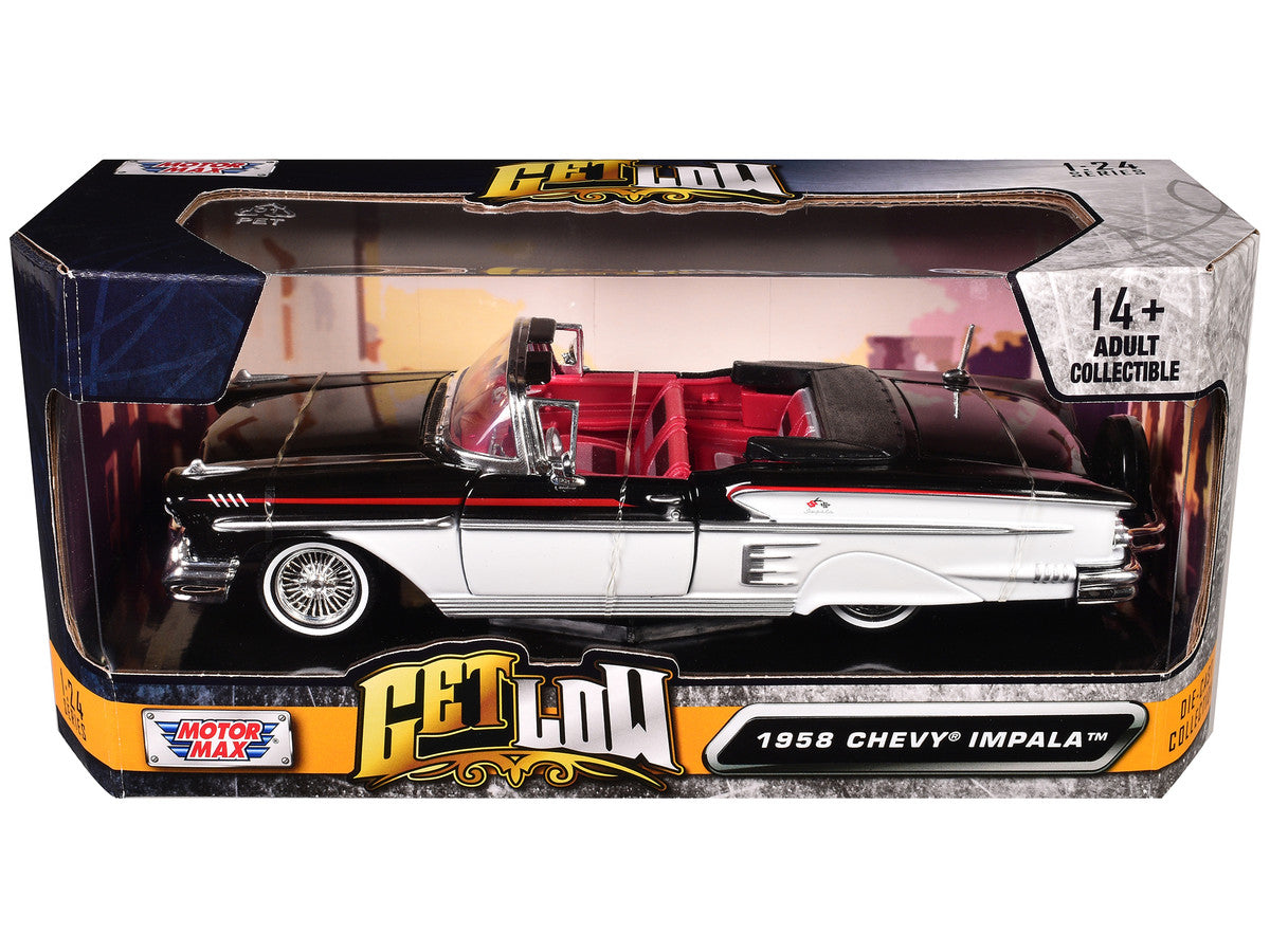 1958 Chevrolet Impala Convertible Lowrider Black and White with Red Interior "Get Low" Series 1/24 Diecast Model Car by Motormax LuxuryLifeWay Online Store