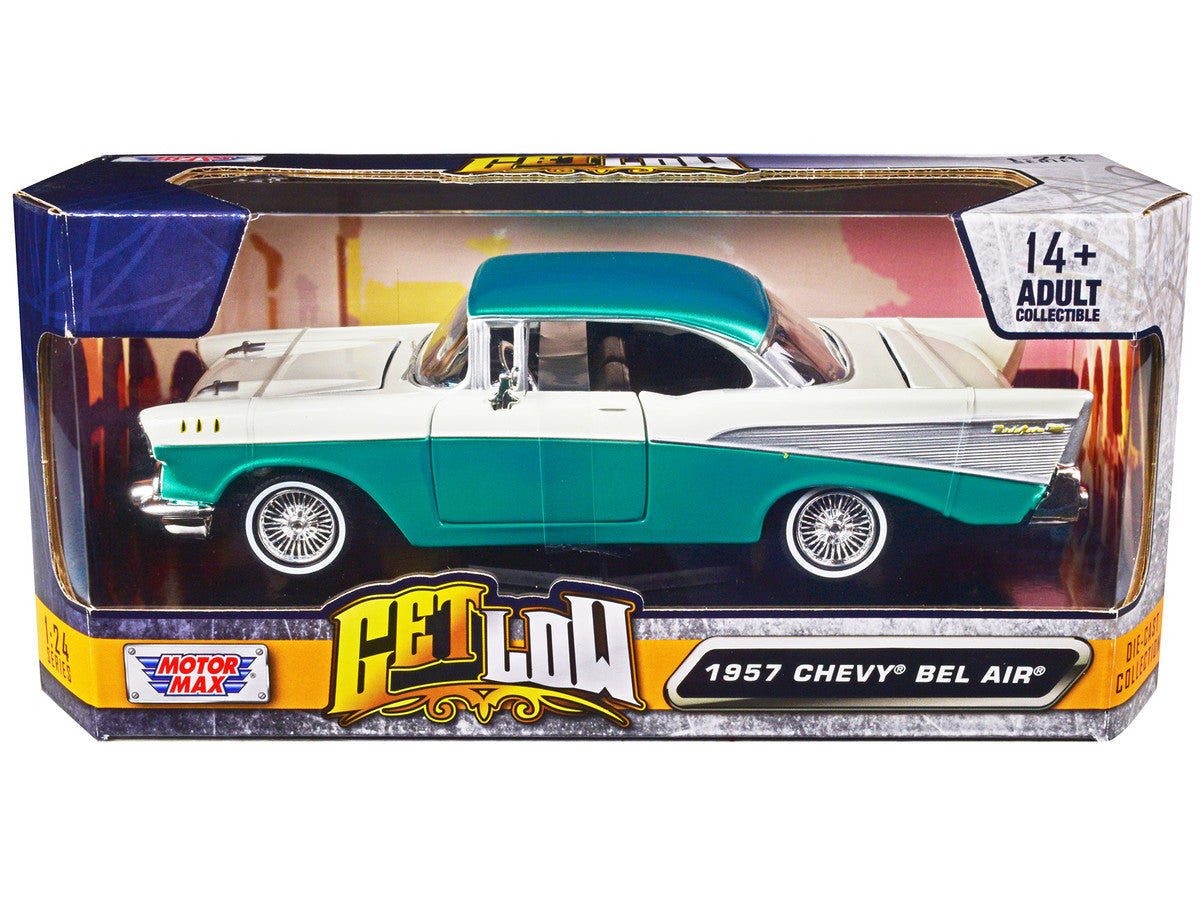 1957 Chevrolet Bel Air Lowrider Turquoise Metallic and White "Get Low" Series 1/24 Diecast Model Car by Motormax LuxuryLifeWay Online Store