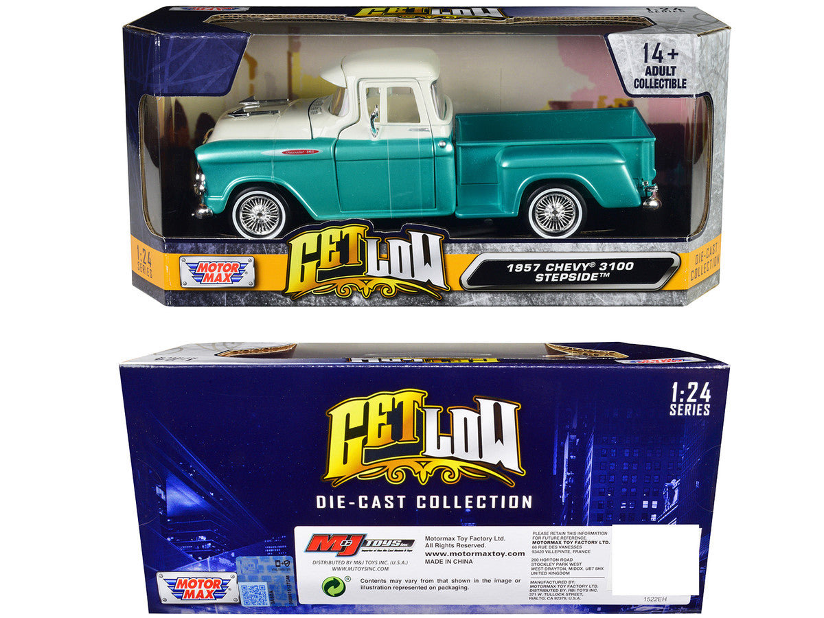 1957 Chevrolet 3100 Stepside Pickup Truck Lowrider Turquoise Metallic and White with White Interior "Get Low" Series 1/24 Diecast Model Car by Motormax LuxuryLifeWay Online Store