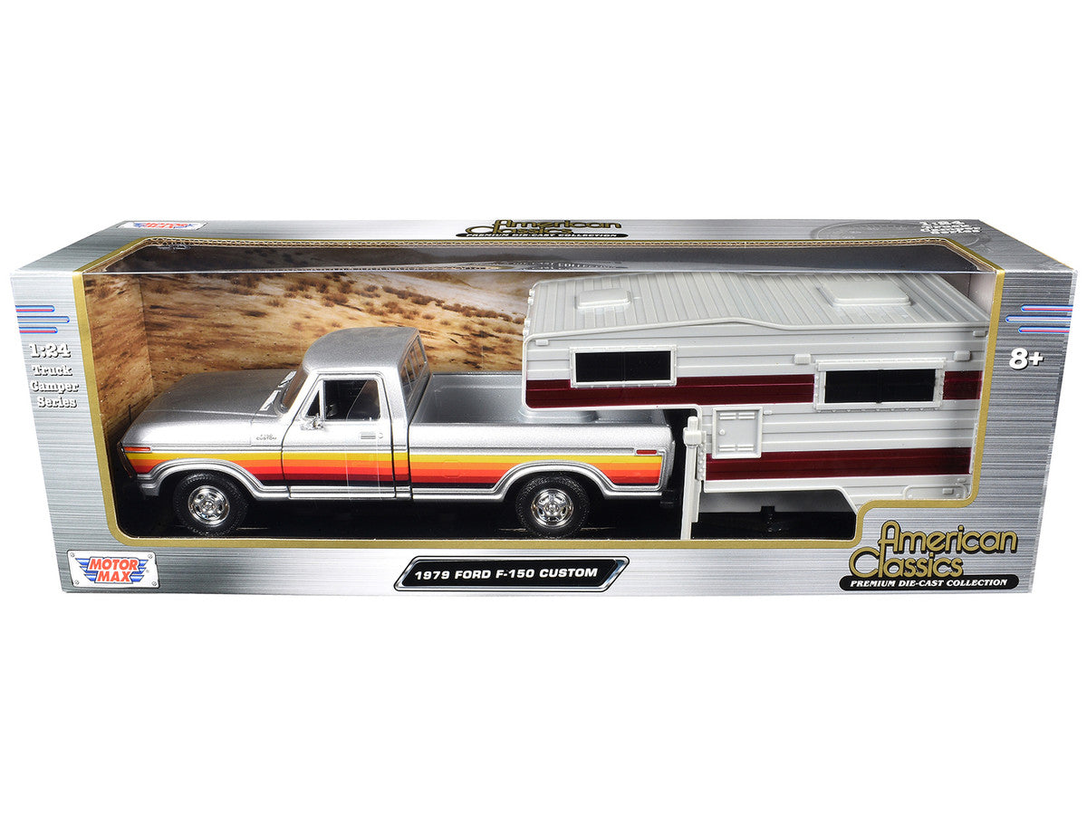 1979 Ford F-150 Custom Pickup Truck Silver Metallic with Side Stripes with Camper Shell "American Classics" Series 1/24 Diecast Model Car by Motormax LuxuryLifeWay Online Store