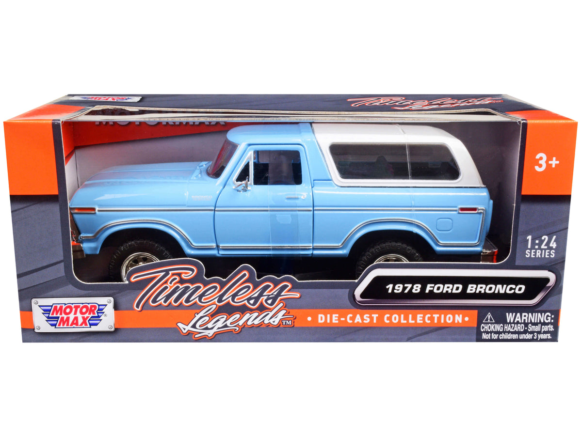 1978 Ford Bronco Custom Light Blue and White "Timeless Legends" Series 1/24 Diecast Model Car by Motormax LuxuryLifeWay Online Store