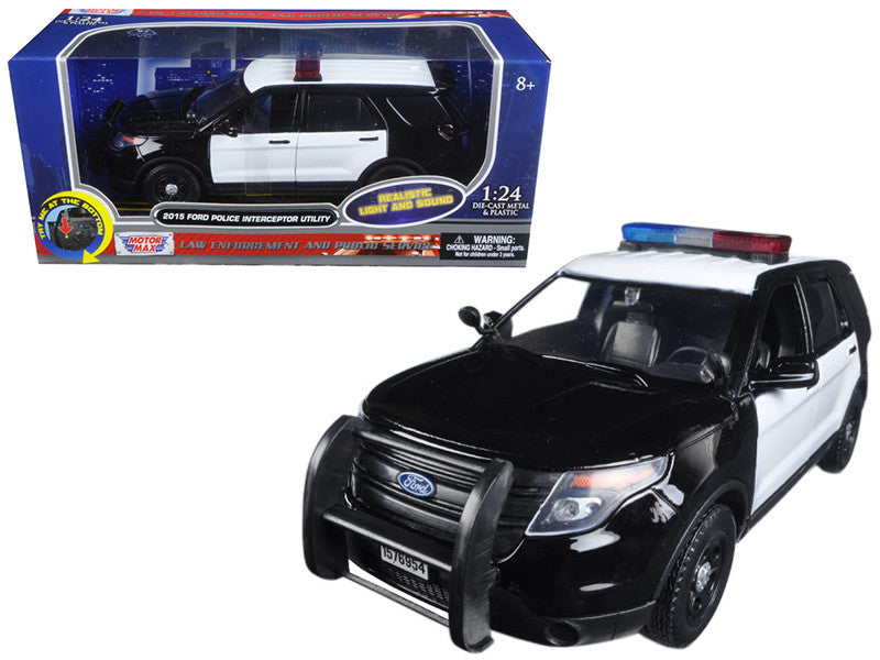 2015 Ford Police Interceptor Utility Black and White with Flashing Light Bar and Front and Rear Lights and 2 Sounds 1/24 Diecast Model Car by Motormax LuxuryLifeWay Online Store
