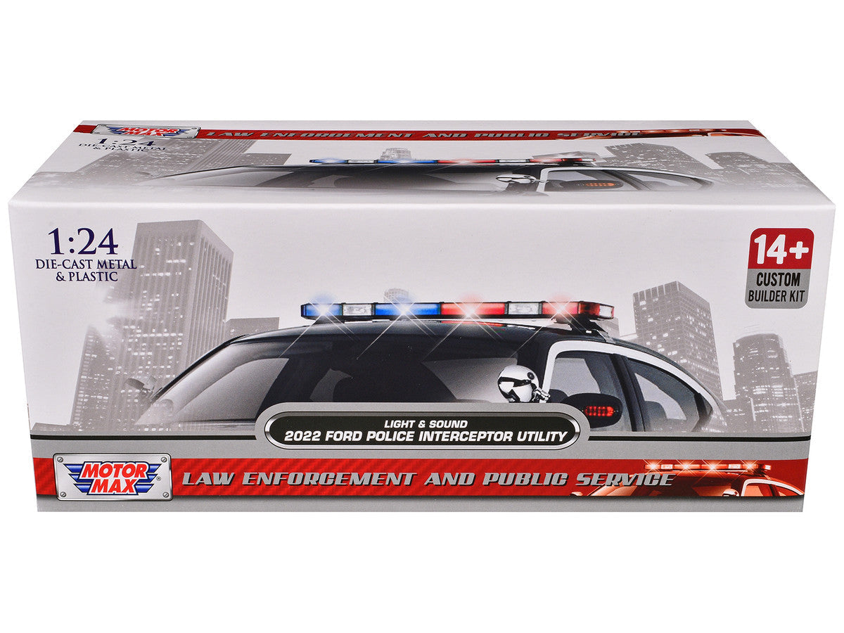 2022 Ford Police Interceptor Utility Black and White "Builder's Kit" with Flashing Light Bar and Front and Rear Lights and Sounds 1/24 Diecast Model Car by Motormax LuxuryLifeWay Online Store