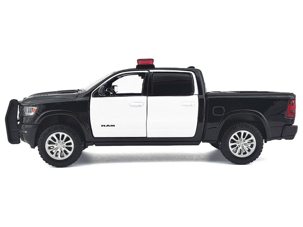 2019 RAM 1500 Laramie Crew Cab Pickup Truck Black and White with Flashing Light Bar and Front and Rear Lights and Sounds 1/27 Diecast Model Car by Motormax LuxuryLifeWay Online Store