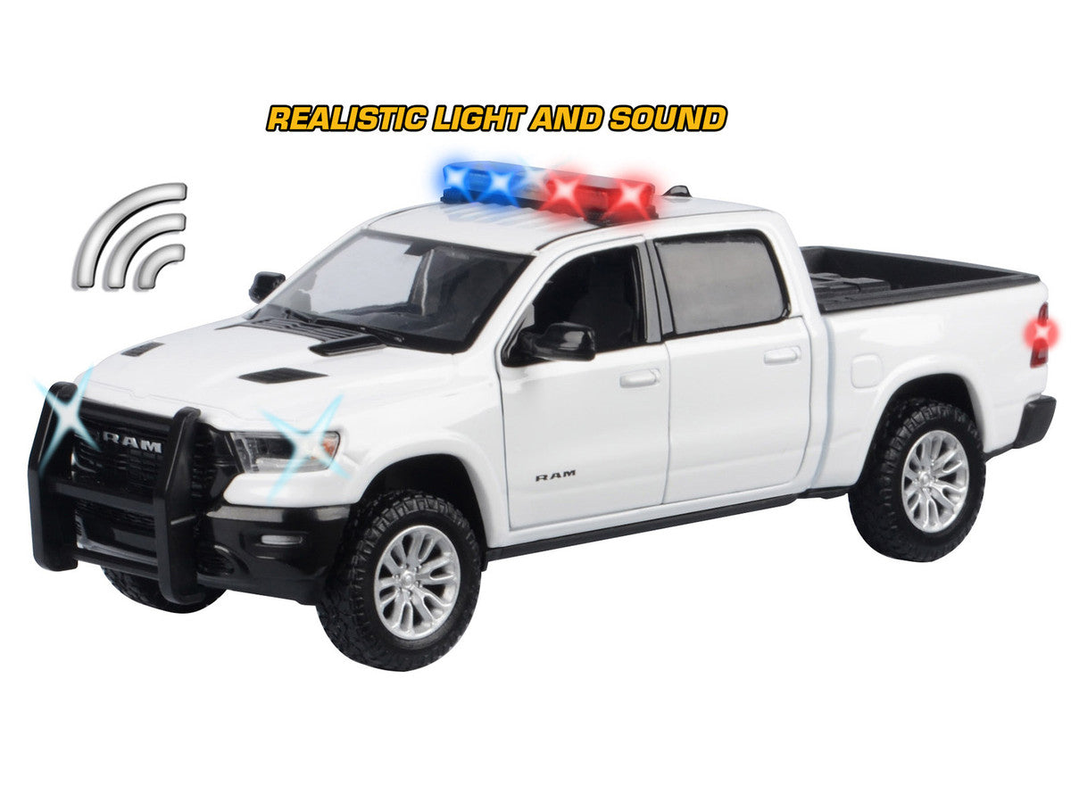 2019 RAM 1500 Laramie Crew Cab Pickup Truck White with Flashing Light Bar and Front and Rear Lights and Sounds 1/27 Diecast Model Car by Motormax LuxuryLifeWay Online Store