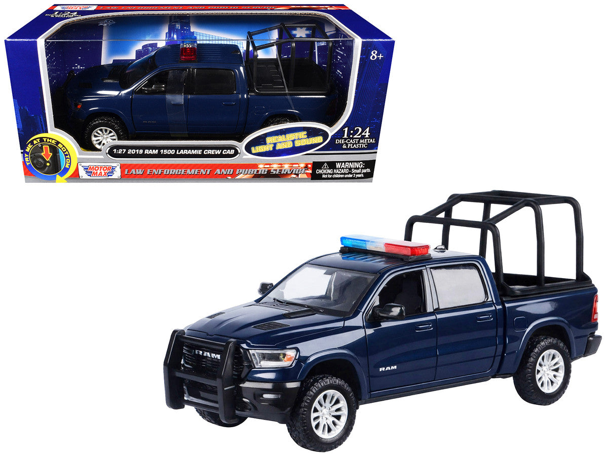2019 RAM 1500 Laramie Crew Cab Pickup Truck with Bed Cage Dark Blue with Flashing Light Bar and Front and Rear Lights and Sounds 1/27 Diecast Model Car by Motormax LuxuryLifeWay Online Store