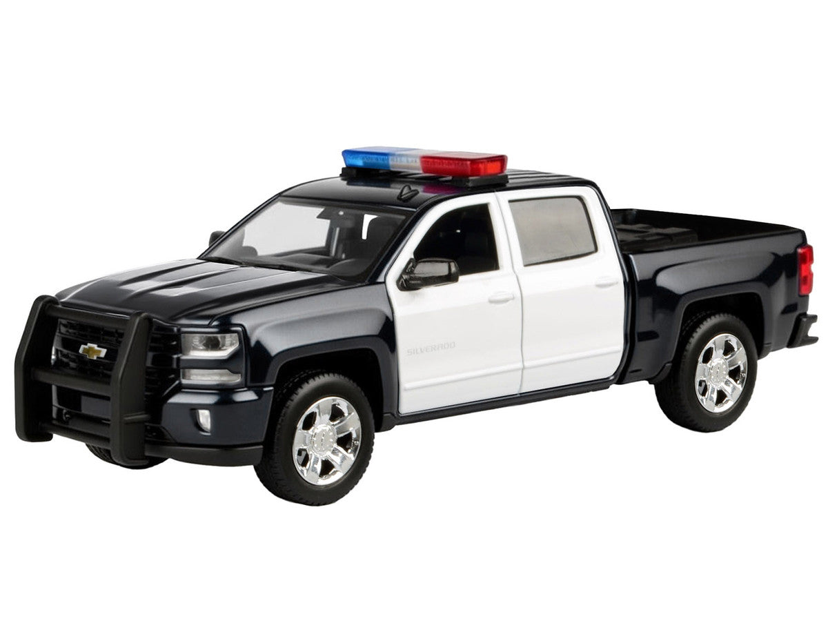 2017 Chevrolet Silverado 1500 LT Z71 Crew Cab Pickup Truck Black and White with Flashing Light Bar and Front and Rear Lights and Sounds 1/27 Diecast Model Car by Motormax LuxuryLifeWay Online Store