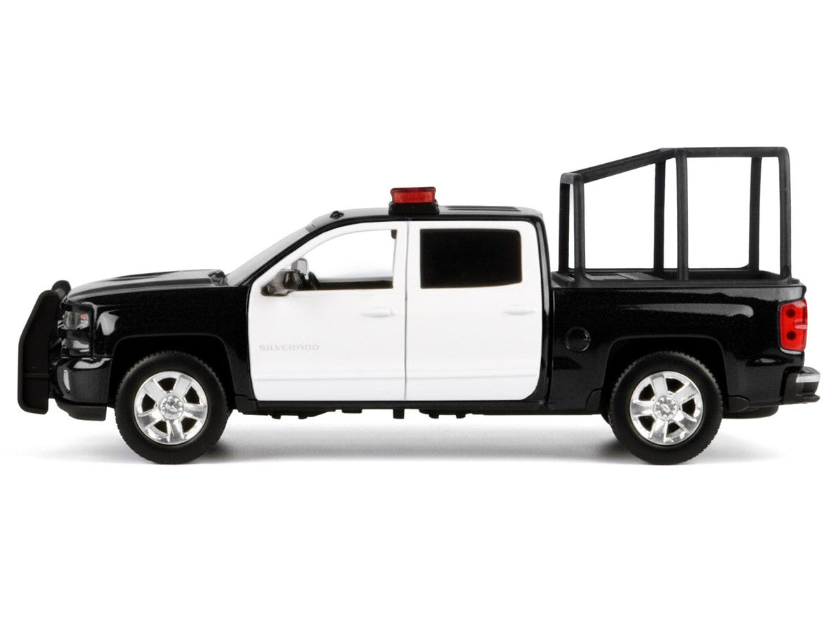 2017 Chevrolet Silverado 1500 LT Z71 Crew Cab Pickup Truck with Bed Cage Black and White with Flashing Light Bar and Front and Rear Lights and Sounds 1/27 Diecast Model Car by Motormax LuxuryLifeWay Online Store