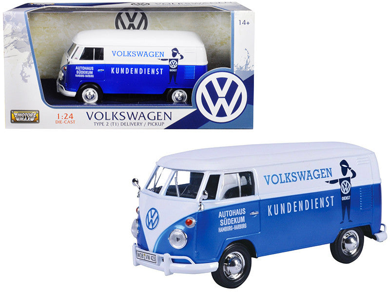 Volkswagen Type 2 (T1) Delivery Van Autohaus Sudekum "Kundendienst" Candy Blue and White 1/24 Diecast Model Car by Motormax LuxuryLifeWay Online Store