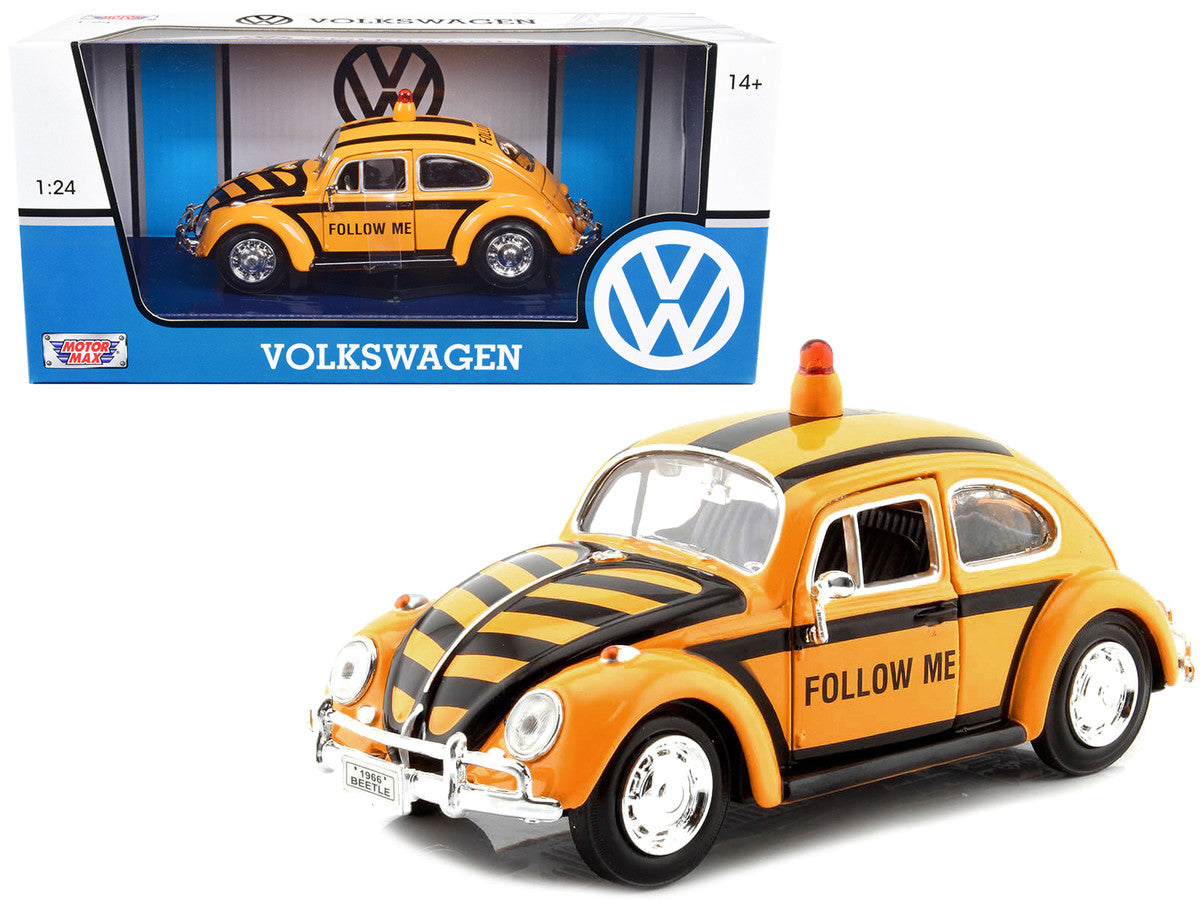 1966 Volkswagen Beetle "Follow Me" Airport Safety Vehicle Yellow with Black Stripes 1/24 Diecast Model Car by Motormax LuxuryLifeWay Online Store