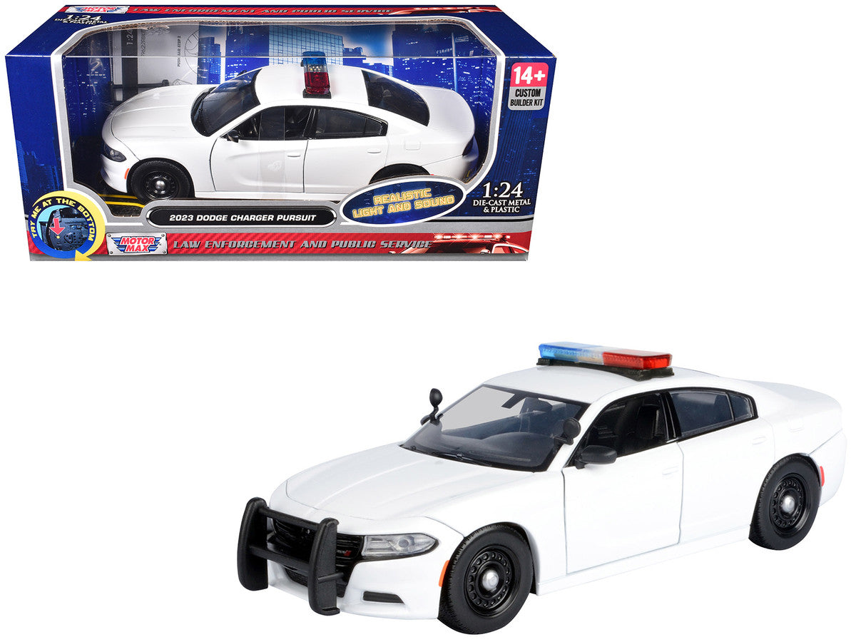 2023 Dodge Charger Pursuit Police Car Unmarked White with Flashing Light Bar Front and Rear Lights and 2 Sounds "Builder's Kit" 1/24 Diecast Model Car by Motormax LuxuryLifeWay Online Store