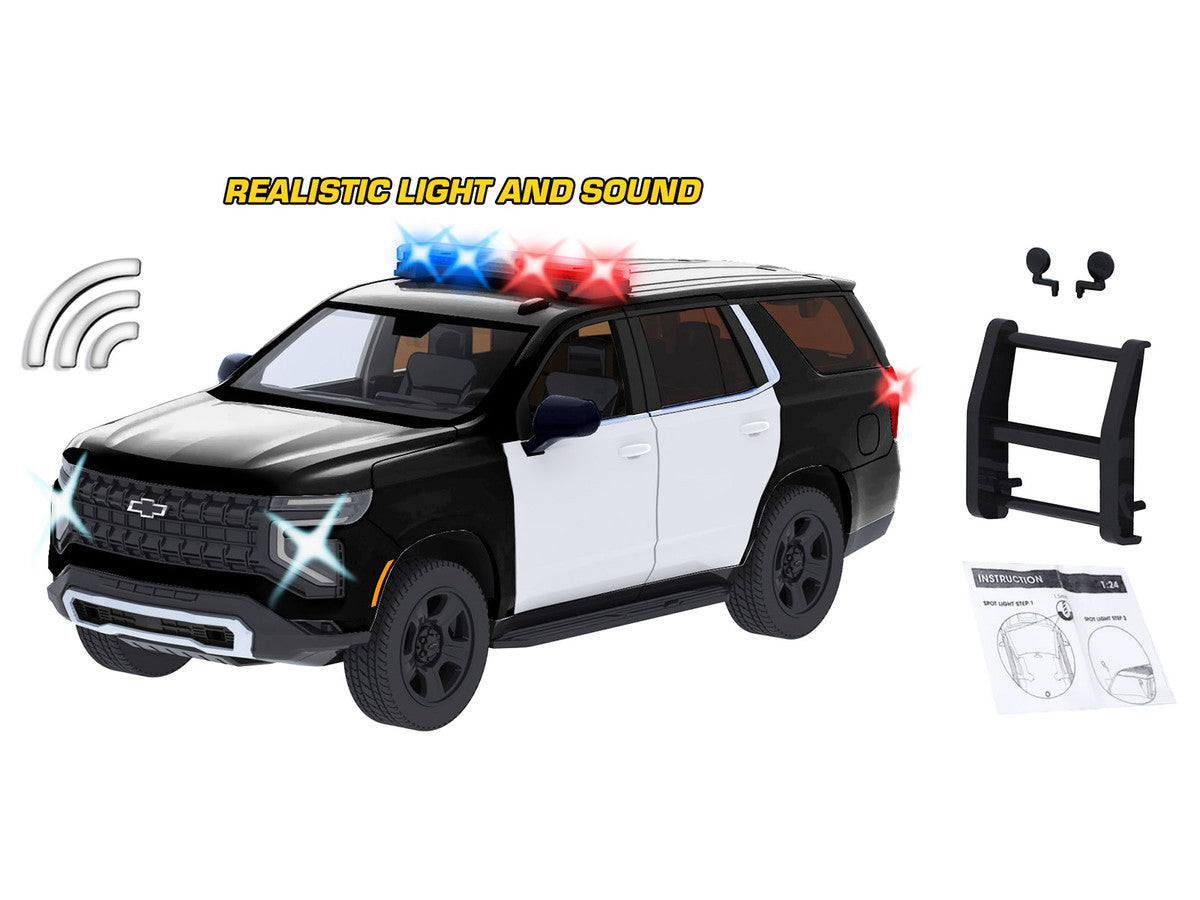 2025 Chevrolet Tahoe PPV Black and White "Builder's Kit" with Flashing Light Bar and Front and Rear Lights and Sounds 1/24 Diecast Model Car by Motormax LuxuryLifeWay Online Store