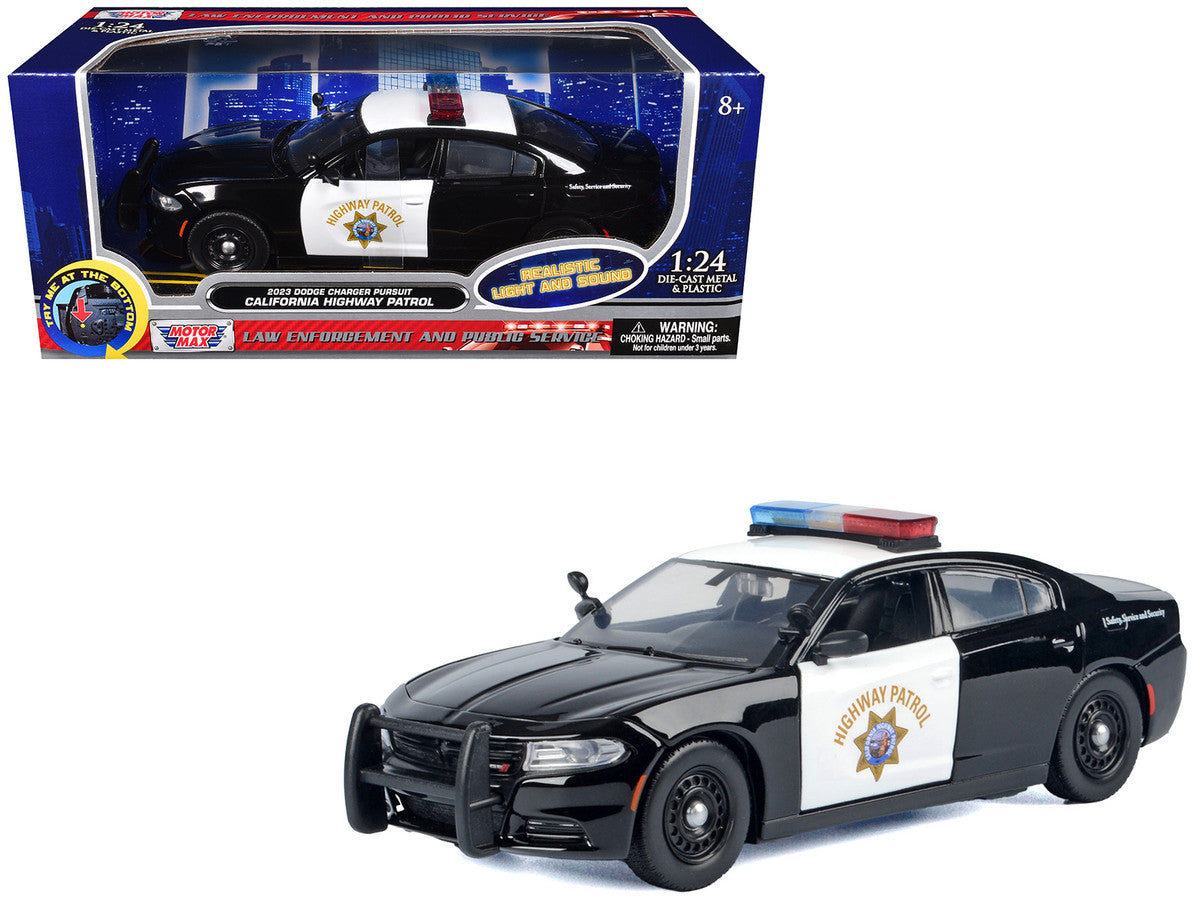 2023 Dodge Charger Pursuit Police Car "California Highway Patrol (CHP)" Black and White with Flashing Light Bar and Front and Rear Lights and Sounds 1/24 Diecast Model Car by Motormax LuxuryLifeWay Online Store