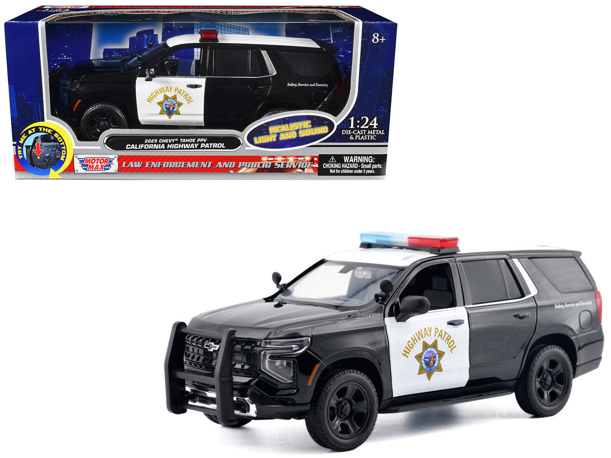 2025 Chevrolet Tahoe PPV "CHP (California Highway Patrol)" Black and White with Flashing Light Bar and Front and Rear Lights and Sounds 1/24 Diecast Model Car by Motormax LuxuryLifeWay Online Store