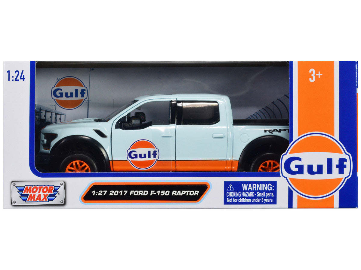 2017 Ford F-150 Raptor Pickup Truck Light Blue with Orange Stripes "Gulf Oil" "Gulf Die-Cast Collection" 1/27 Diecast Model Car by Motormax LuxuryLifeWay Online Store