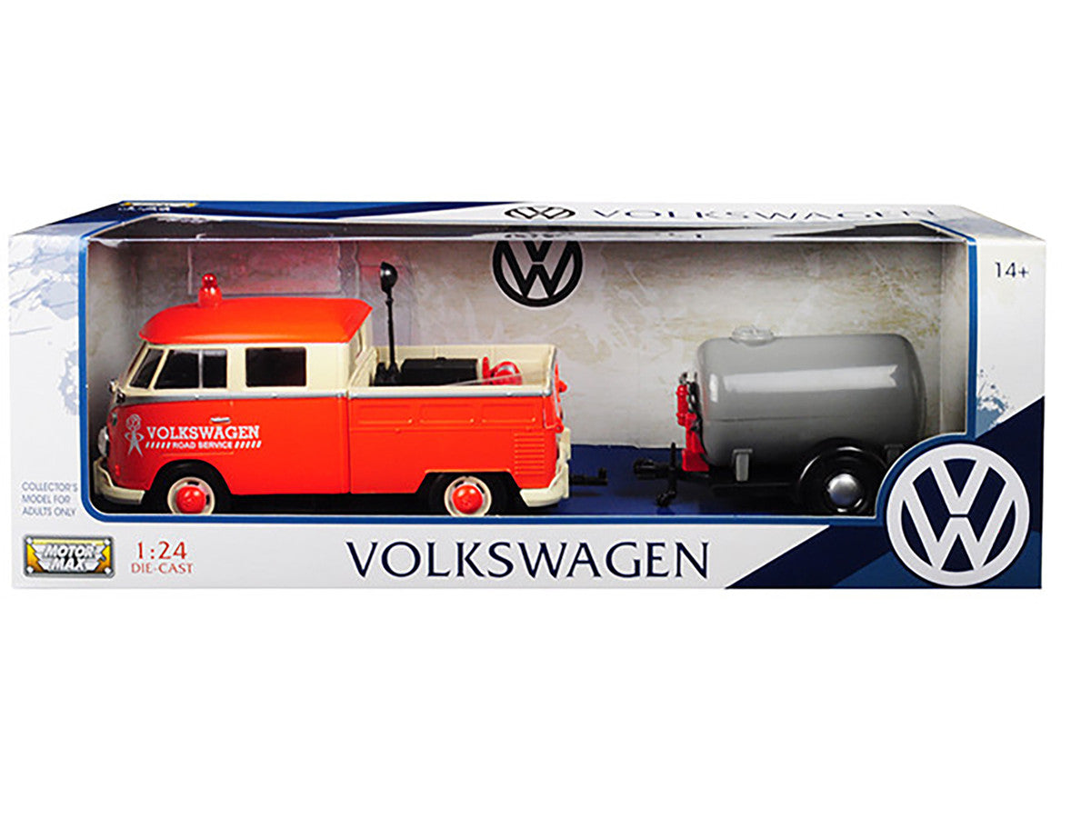 Volkswagen Type 2 (T1) Pickup Truck Orange and Cream with Oil Trailer "Road Service" 1/24 Diecast Model Car by Motormax LuxuryLifeWay Online Store