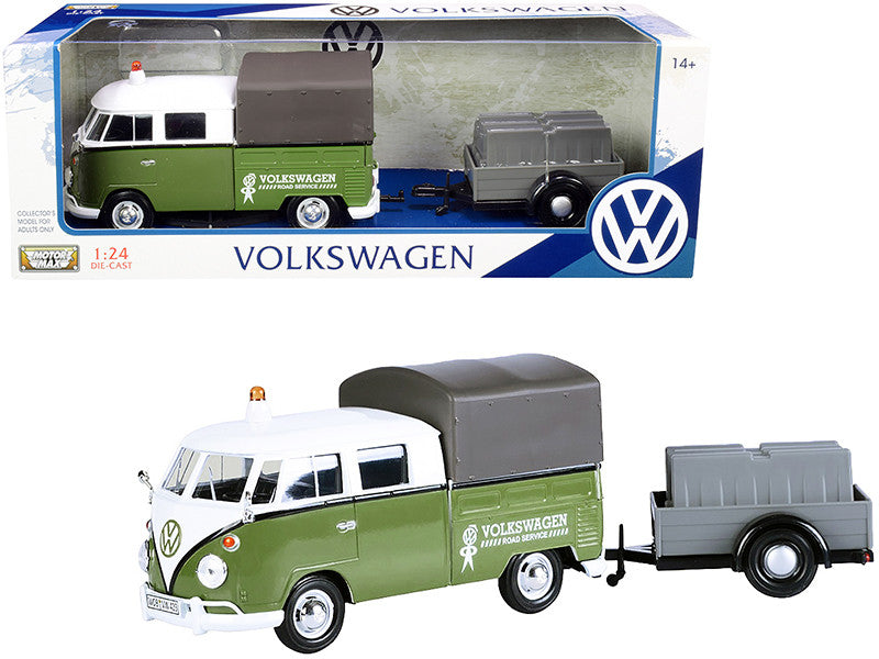 Volkswagen T1 Pickup with Canopy Green and White with Trailer "Road Service" 1/24 Diecast Model Car by Motormax LuxuryLifeWay Online Store