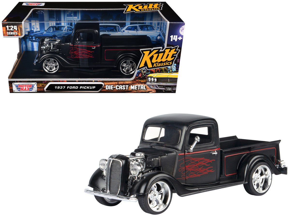 1937 Ford Pickup Truck Matt Black with Red Flame Graphics "Kult Klassics" Series 1/24 Diecast Model Car by Motormax LuxuryLifeWay Online Store