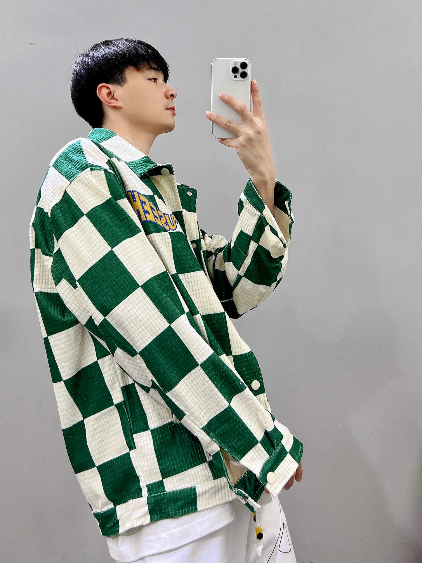 Retro Contrast Color Green Plaid Lapel Jacket Men