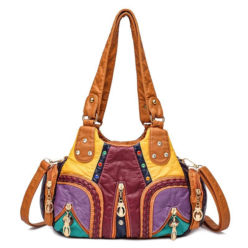 Washed Mother Bag with Rivets and Diamond Details Pi-Mart
