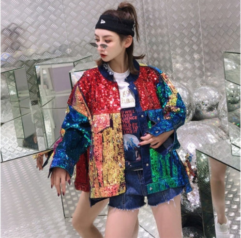 Thai Fashion Rainbow Sequin Long Sleeve Denim Jacket Pi-Mart