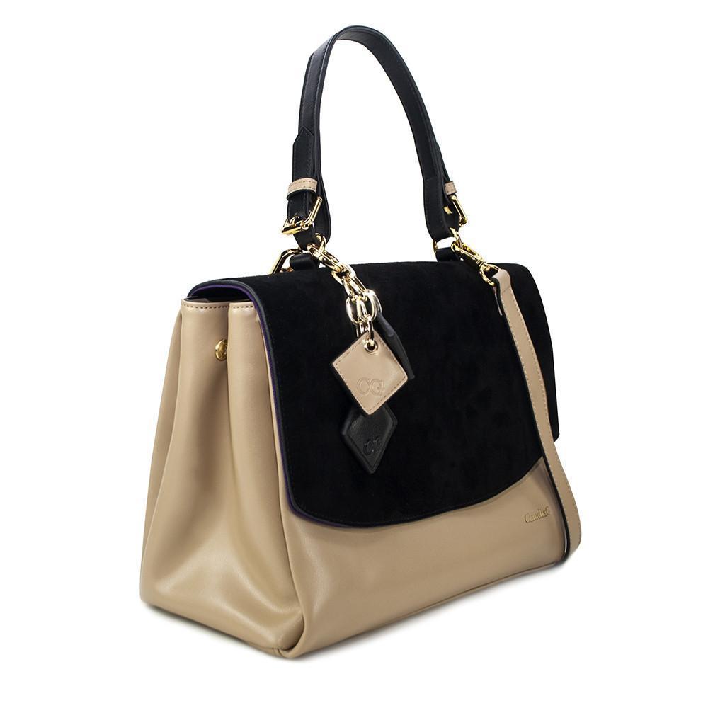Simonetta Leather Handbag- Midnight Black / Tan LadyShow.Store
