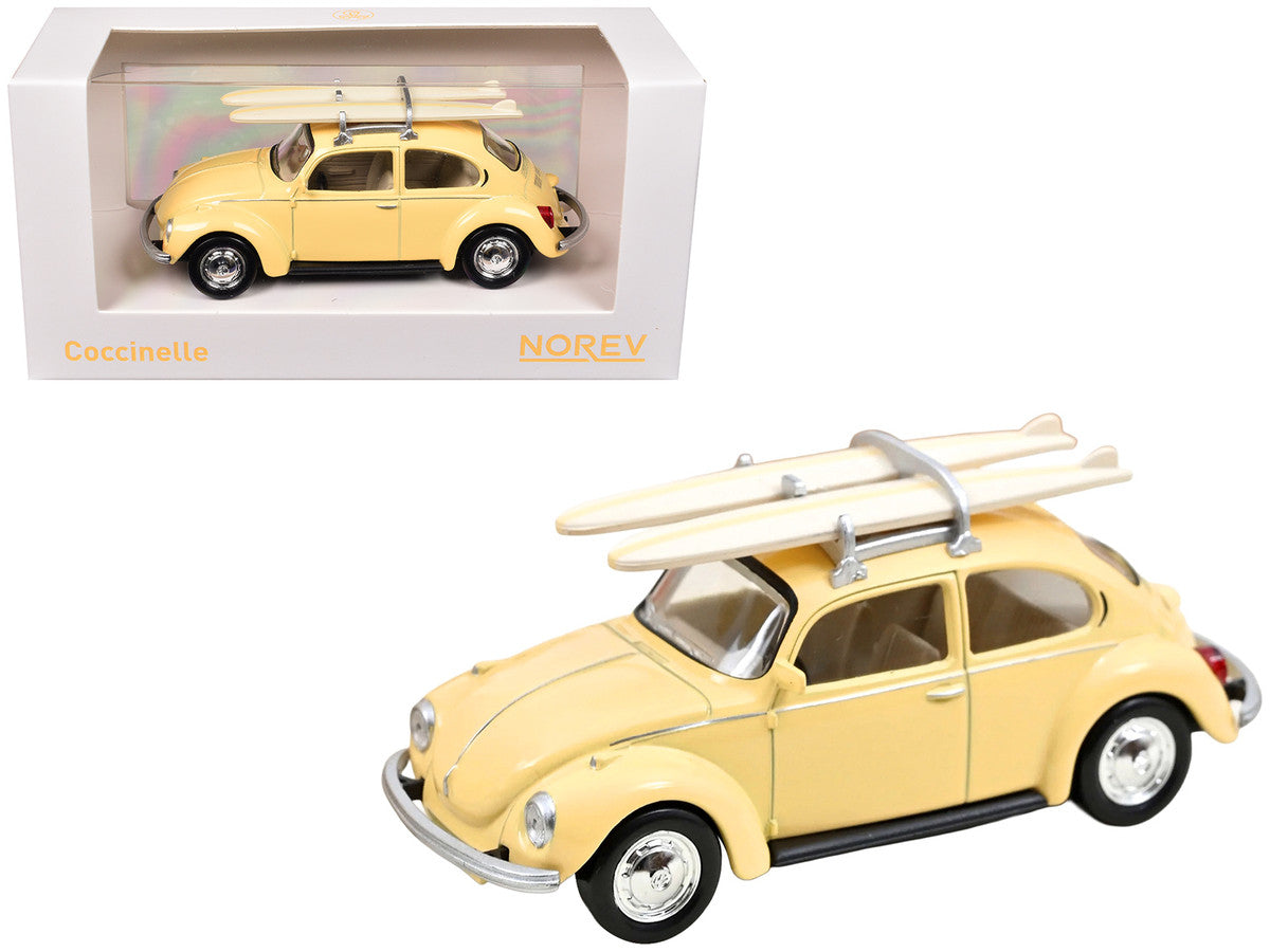 1973 Volkswagen Beetle 1303 Pastel Yellow with Roof Rack and 2 Surfboards 1/43 Diecast Model Car by Norev LuxuryLifeWay Online Store