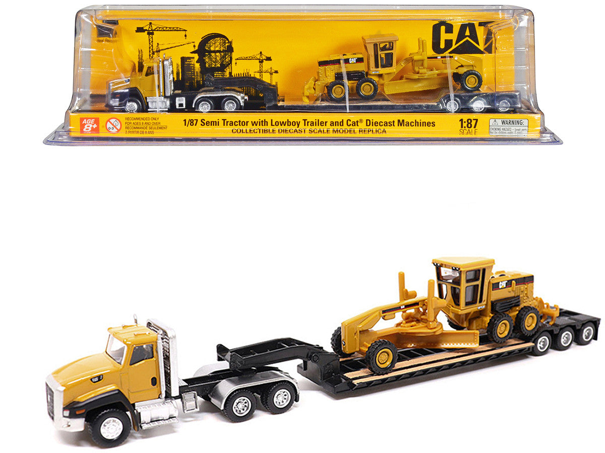 CAT Caterpillar CT660 Day Cab Tractor Yellow with Lowboy Trailer and CAT 163H Motor Grader Yellow 1/87 (HO) Diecast Model by Diecast Masters LuxuryLifeWay Online Store