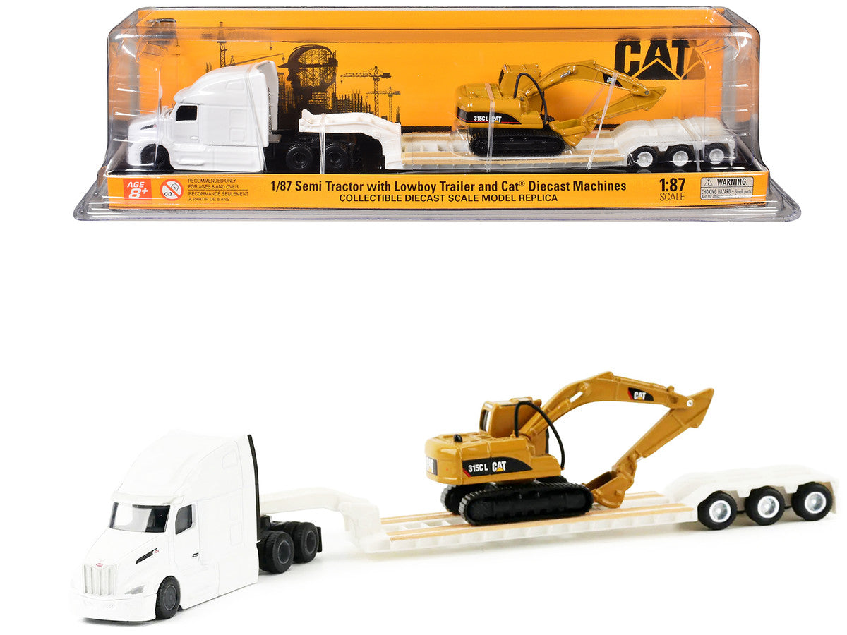 Peterbilt 579 Tractor White with Lowboy Trailer and CAT 315C Excavator Yellow 1/87 (HO) Diecast Model by Diecast Masters LuxuryLifeWay Online Store