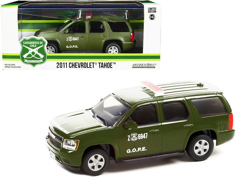 2011 Chevrolet Tahoe Police Car Matt Green "Carabineros de Chile" G.O.P.E. "Grupo de Operaciones Policiales Especiales" 1/43 Diecast Model Car by Greenlight LuxuryLifeWay Online Store