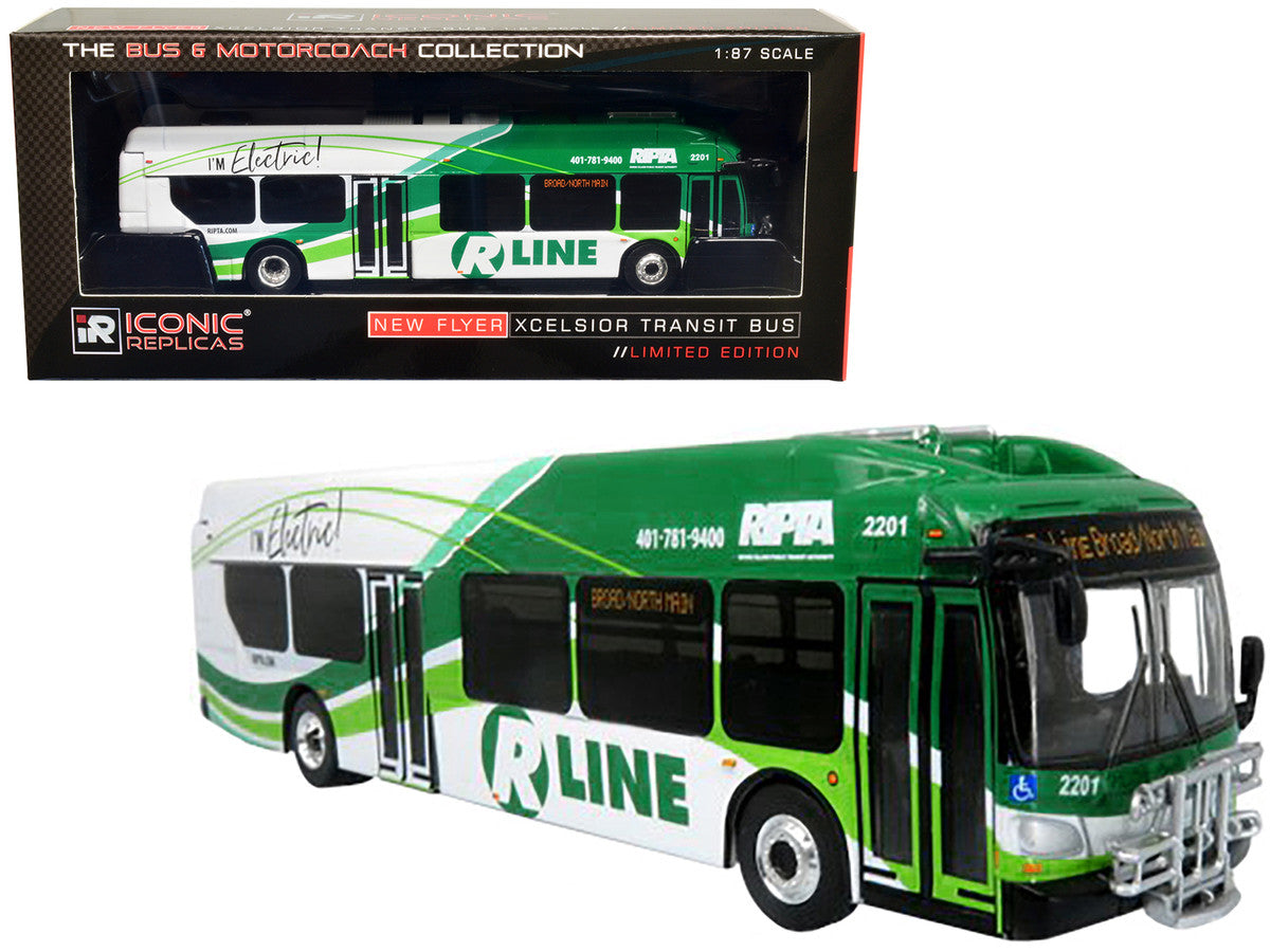 New Flyer Xcelsior Charge NG Electric Transit Bus RIPTA (Rhode Island Public Transit Authority) "R Line Broad/North Main" "The Bus & Motorcoach Collection" 1/87 Diecast Model by Iconic Replicas LuxuryLifeWay Online Store