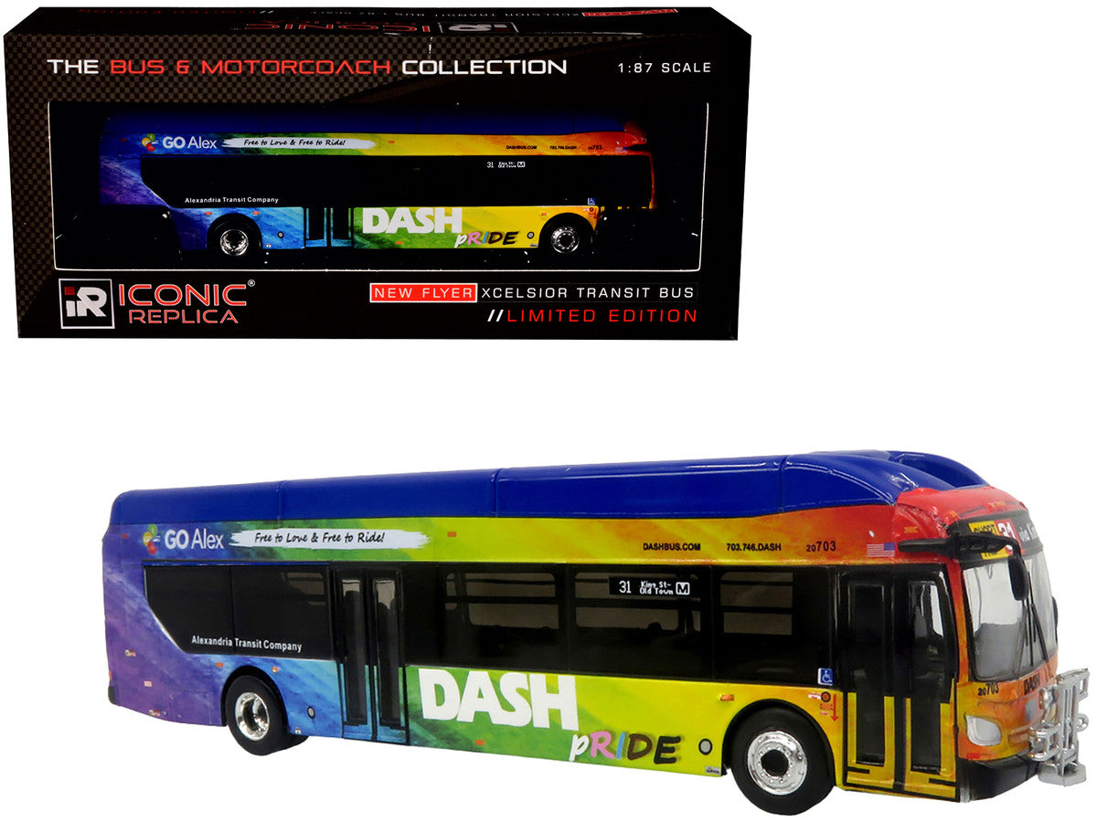 New Flyer Xcelsior XN40 Transit Bus "DASH Pride Livery" Blue with Rainbow Graphics "The Bus & Motorcoach Collection" Limited Edition 1/87 (HO) Diecast Model by Iconic Replicas LuxuryLifeWay Online Store