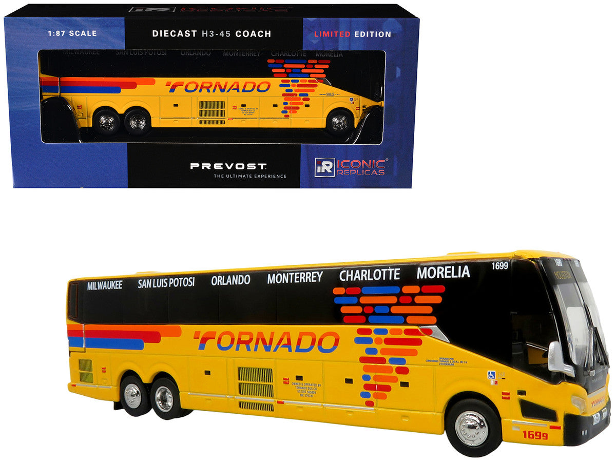 Prevost H3-45 Coach Bus "Tornado Bus Company" Yellow with Graphics Limited Edition 1/87 (HO) Diecast Model by Iconic Replicas LuxuryLifeWay Online Store