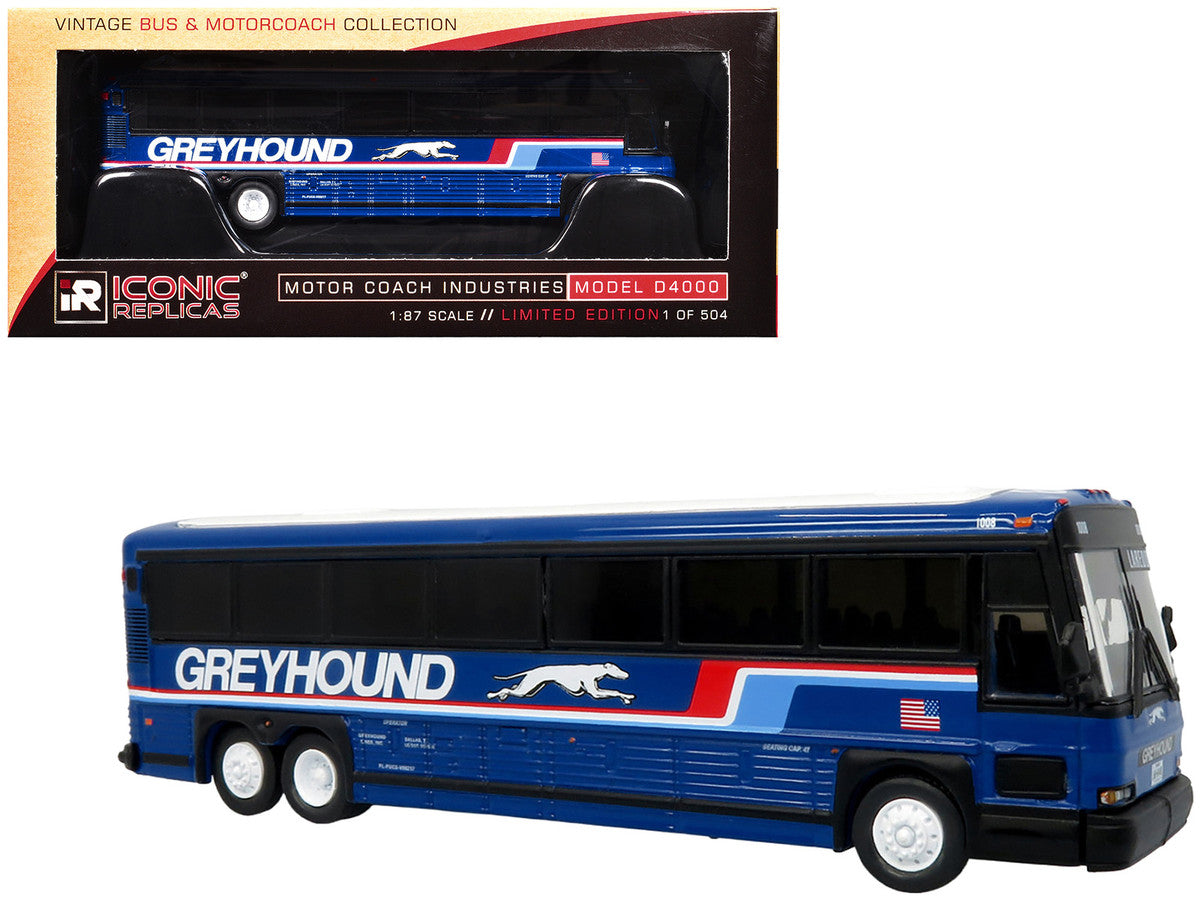 2001 MCI D4000 Coach Bus "Greyhound" Blue with Stripes "Vintage Bus & Motorcoach Collection" Limited Edition to 504 pieces Worldwide 1/87 (HO) Diecast Model by Iconic Replicas LuxuryLifeWay Online Store