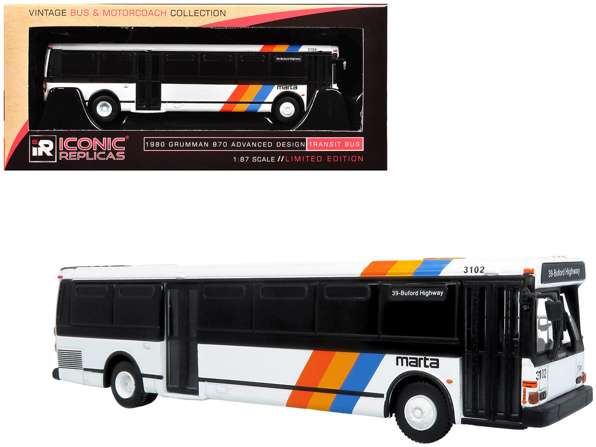 1980 Grumman 870 Advanced Design Transit Bus "MARTA Atlanta" White with Stripes "Vintage Bus & Motorcoach Collection" Limited Edition 1/87 (HO) Diecast Model by Iconic Replicas LuxuryLifeWay Online Store