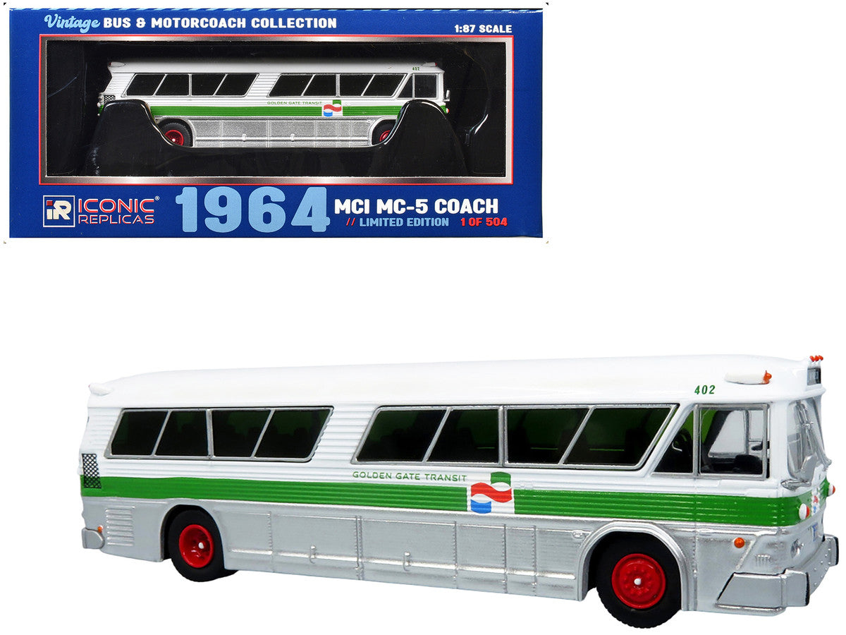 1964 MCI MC-5A Coach Bus "Golden Gate Transit" White with Green Stripes "Vintage Bus & Motorcoach Collection" Limited Edition to 504 pieces Worldwide 1/87 (HO) Diecast Model by Iconic Replicas LuxuryLifeWay Online Store