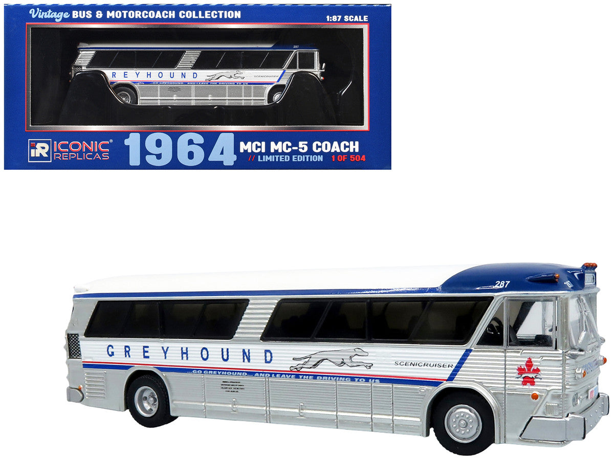 1964 MCI MC-5A Coach Bus "Greyhound Canada" White with Blue Stripes "Vintage Bus & Motorcoach Collection" Limited Edition to 504 pieces Worldwide 1/87 (HO) Diecast Model by Iconic Replicas LuxuryLifeWay Online Store