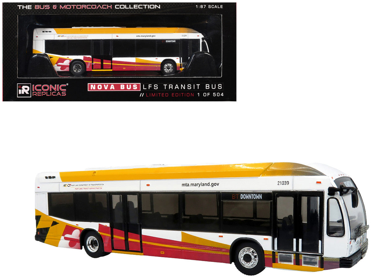 Nova Bus LFSH Hybrid Transit Bus "MTA Maryland" White with Red and Yellow Graphics "The Bus & Motorcoach Collection" Limited Edition to 504 pieces Worldwide 1/87 (HO) Diecast Model by Iconic Replicas LuxuryLifeWay Online Store