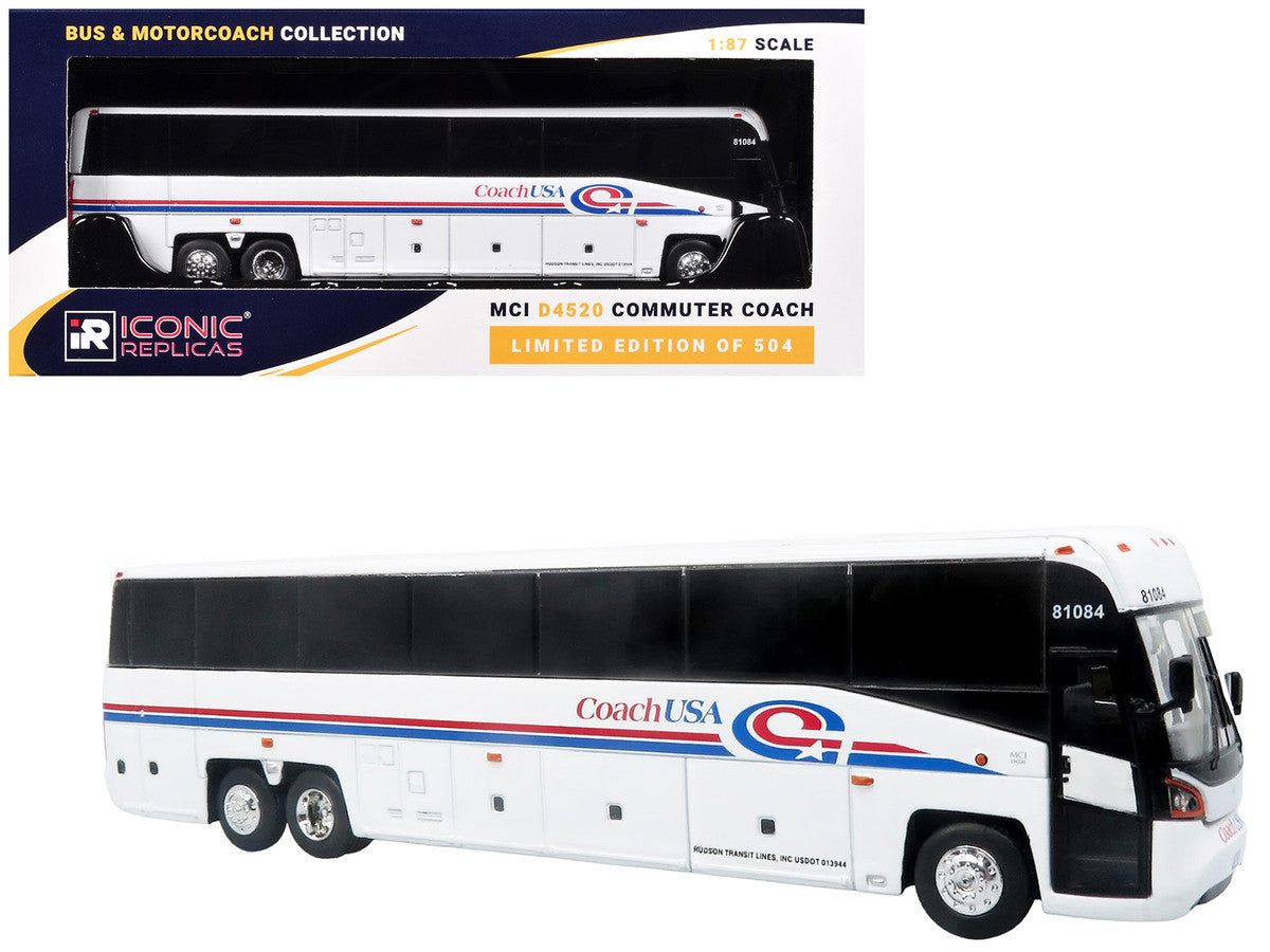 MCI D4520 Commuter Coach Bus "Coach USA" White with Blue and Red Stripes "The Bus & Motorcoach Collection" Limited Edition to 504 pieces Worldwide 1/87 (HO) Scale Diecast Model by Iconic Replicas LuxuryLifeWay Online Store