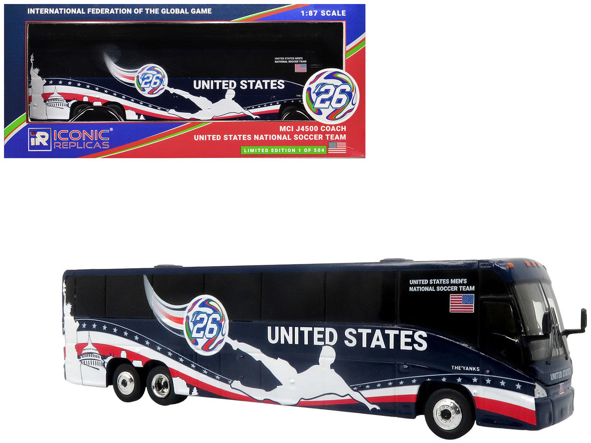MCI J4500 Coach Bus "United States National Soccer Team" Dark Blue with Graphics "International Federation of the Global Game" Series Limited Edition to 504 pieces Worldwide 1/87 (HO) Diecast Model by Iconic Replicas LuxuryLifeWay Online Store