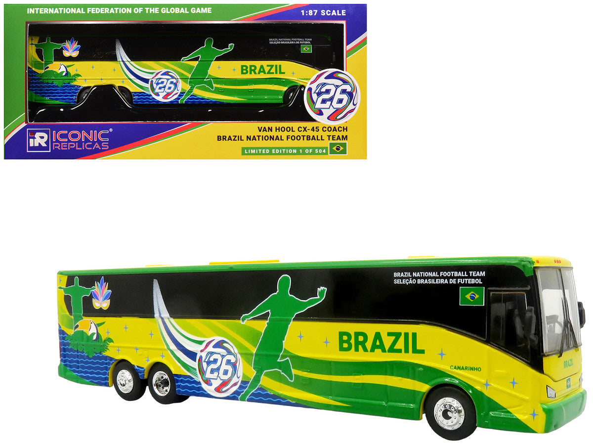 Van Hool CX-45 Coach Bus "Brazil National Football Team" Yellow and Green with Graphics "International Federation of the Global Game" Series Limited Edition to 504 pieces Worldwide 1/87 (HO) Diecast Model by Iconic Replicas LuxuryLifeWay Online Store