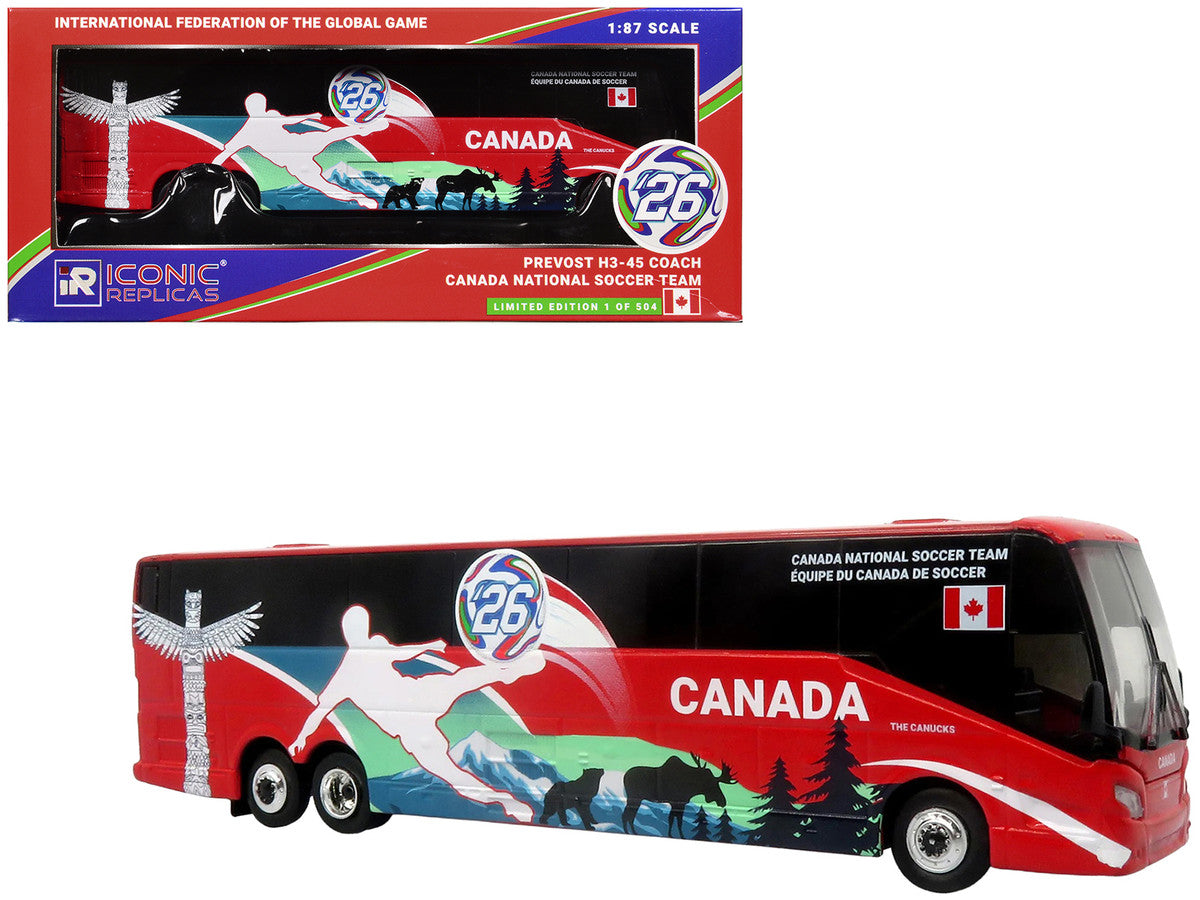 Prevost H3-45 Coach Bus "Canada National Soccer Team" Red with Graphics "International Federation of the Global Game" Series Limited Edition to 504 pieces Worldwide 1/87 (HO) Diecast Model by Iconic Replicas LuxuryLifeWay Online Store