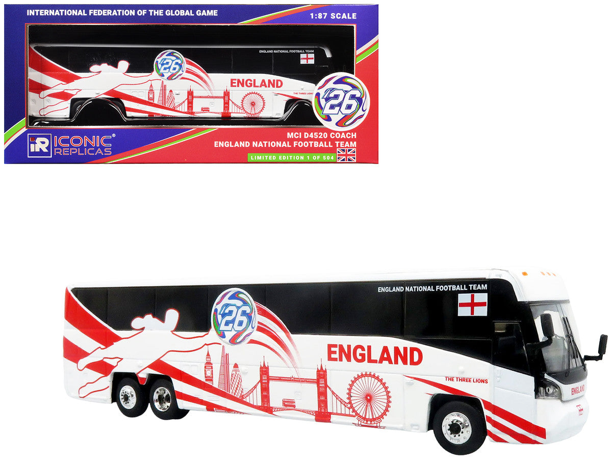 MCI D4520 Coach Bus "England National Football Team" White with Graphics "International Federation of the Global Game" Series Limited Edition to 504 pieces Worldwide 1/87 (HO) Diecast Model by Iconic Replicas LuxuryLifeWay Online Store