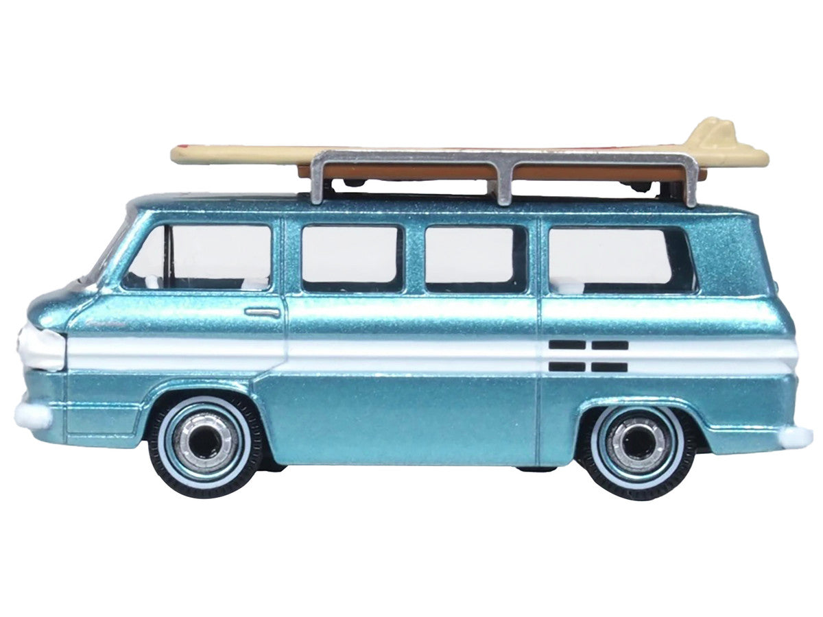 1961 Chevrolet Corvair Greenbrier Passenger Wagon Van Turquoise Metallic and Cameo White with Surfboards on Roof 1/87 (HO) Scale Diecast Model Car by Oxford Diecast LuxuryLifeWay Online Store