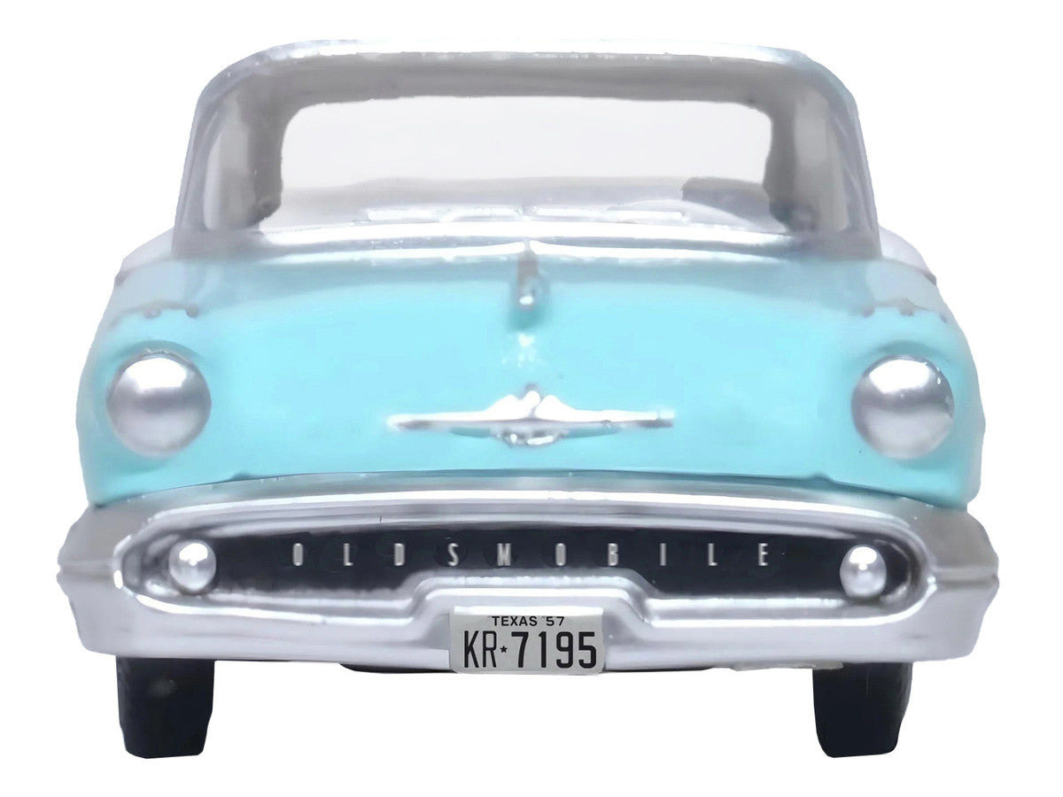 1957 Oldsmobile 88 Convertible (Top-Up) Banff Blue and Alcan White with White 1/87 (HO) Scale Diecast Model Car by Oxford Diecast LuxuryLifeWay Online Store