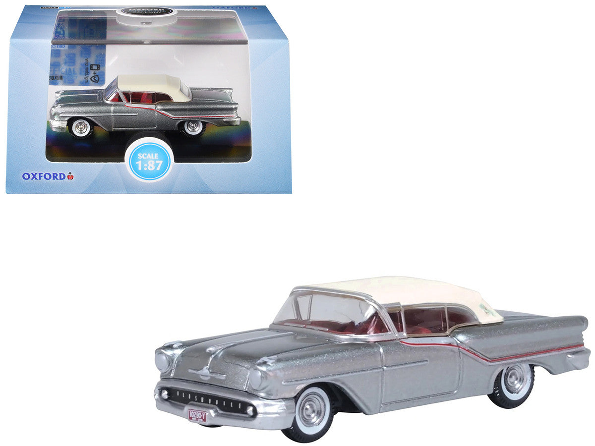 1957 Oldsmobile 88 Convertible (Top-Up) Juneau Gray with White Top and Red Interior 1/87 (HO) Scale Diecast Model Car by Oxford Diecast LuxuryLifeWay Online Store