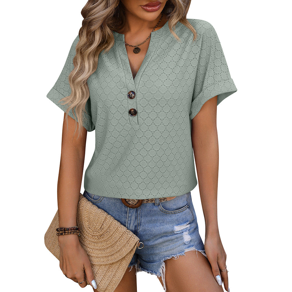 New Hollow Circle Design T-shirt V-neck Button Solid Color Short-sleeved T-shirt Tops For Womens Clothing