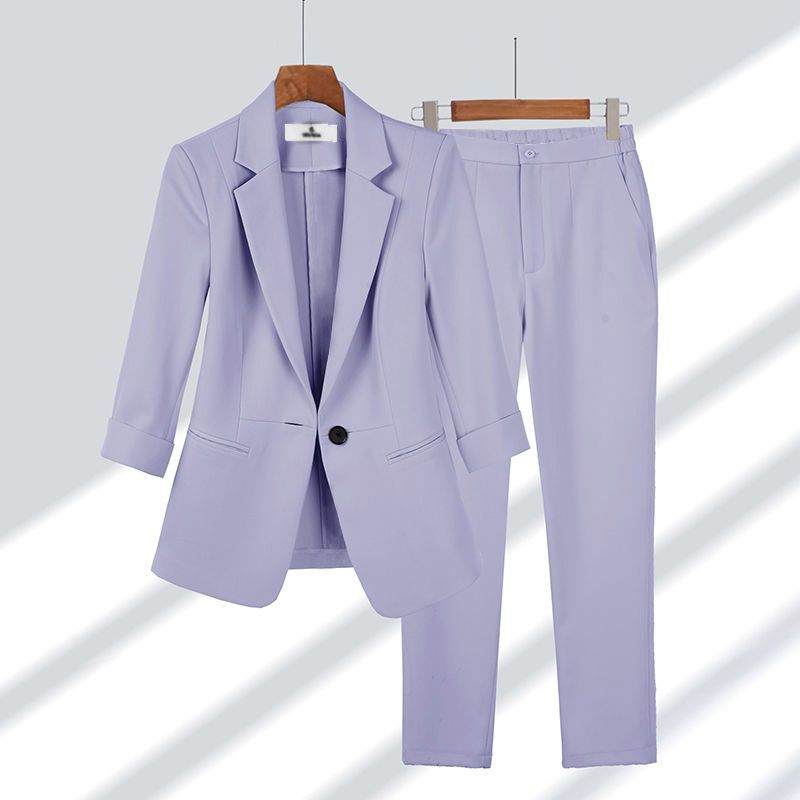 2pcs Casual Blazer Set Solid Color Lapel Single-breasted Jacket And Zipper Straight Pants Women's Office Business Suit LadyShow.Store