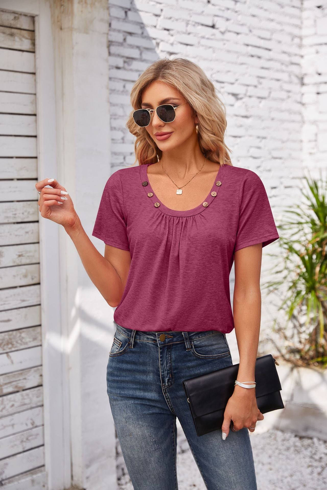 Women's Short-sleeved T-shirt Summer Button Square Collar Pleated Design Solid Color Loose T-shirt Womens Clothing
