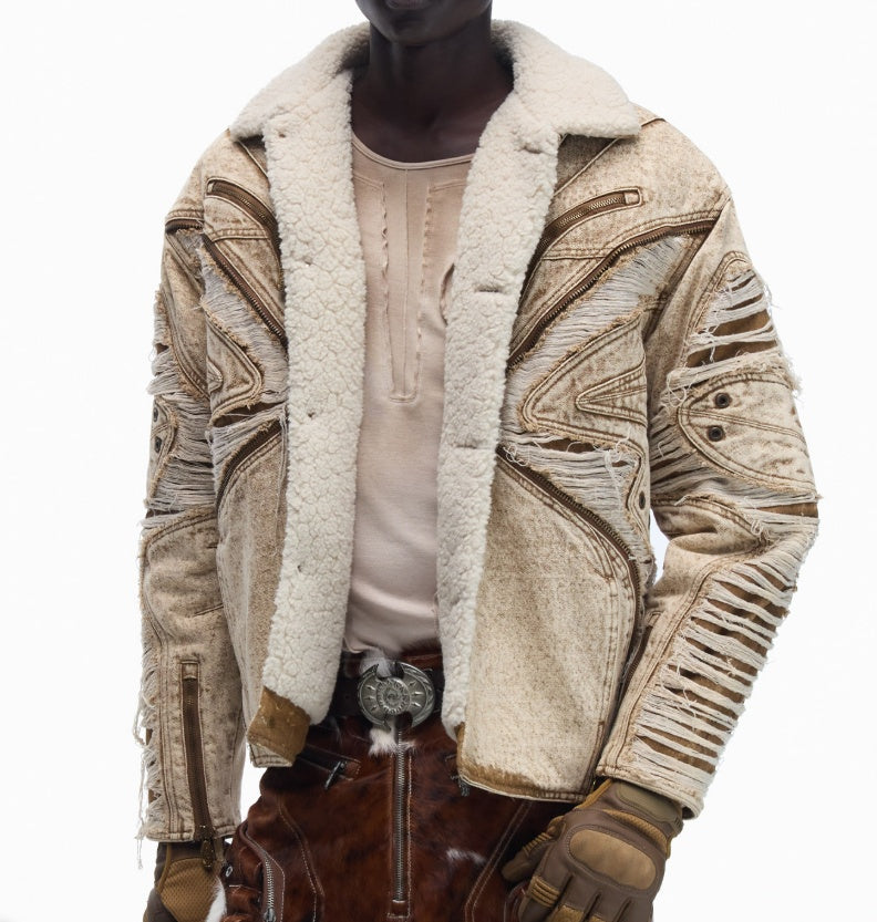 Ravaged And Distressed Apricot Lambswool Denim Jacket LuxuryLifeWay Online Store